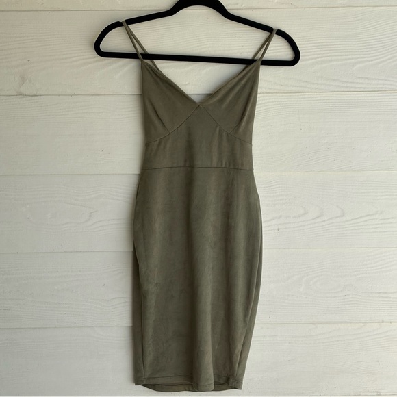 Midi Dress Sage Green Smooth Faux Suede, V-neckline,Criss-Cross Back Size: Small - Picture 2 of 4